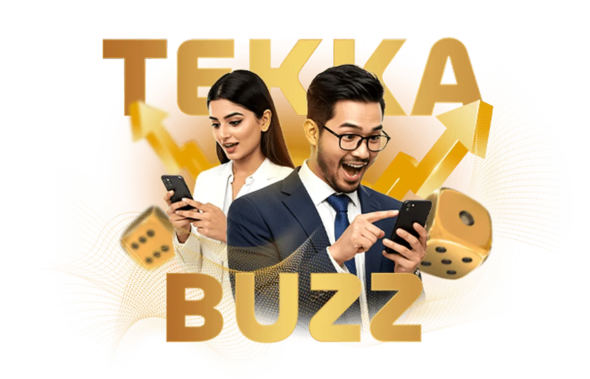 Promotional graphic with the TekkaBuzz name in gold, two players holding phones and dice