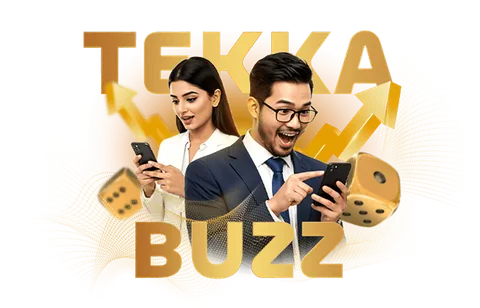 TekkaBuzz promotional artwork with two players holding phones and dice