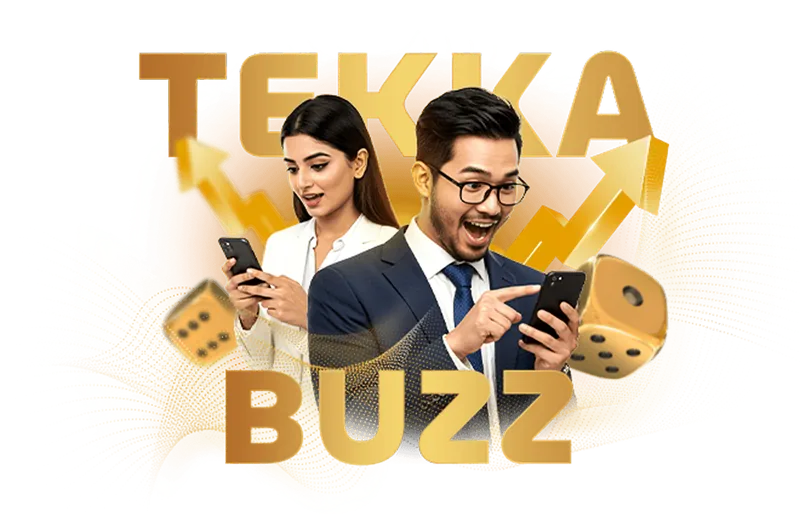 TekkaBuzz promotional artwork with two players holding phones and dice